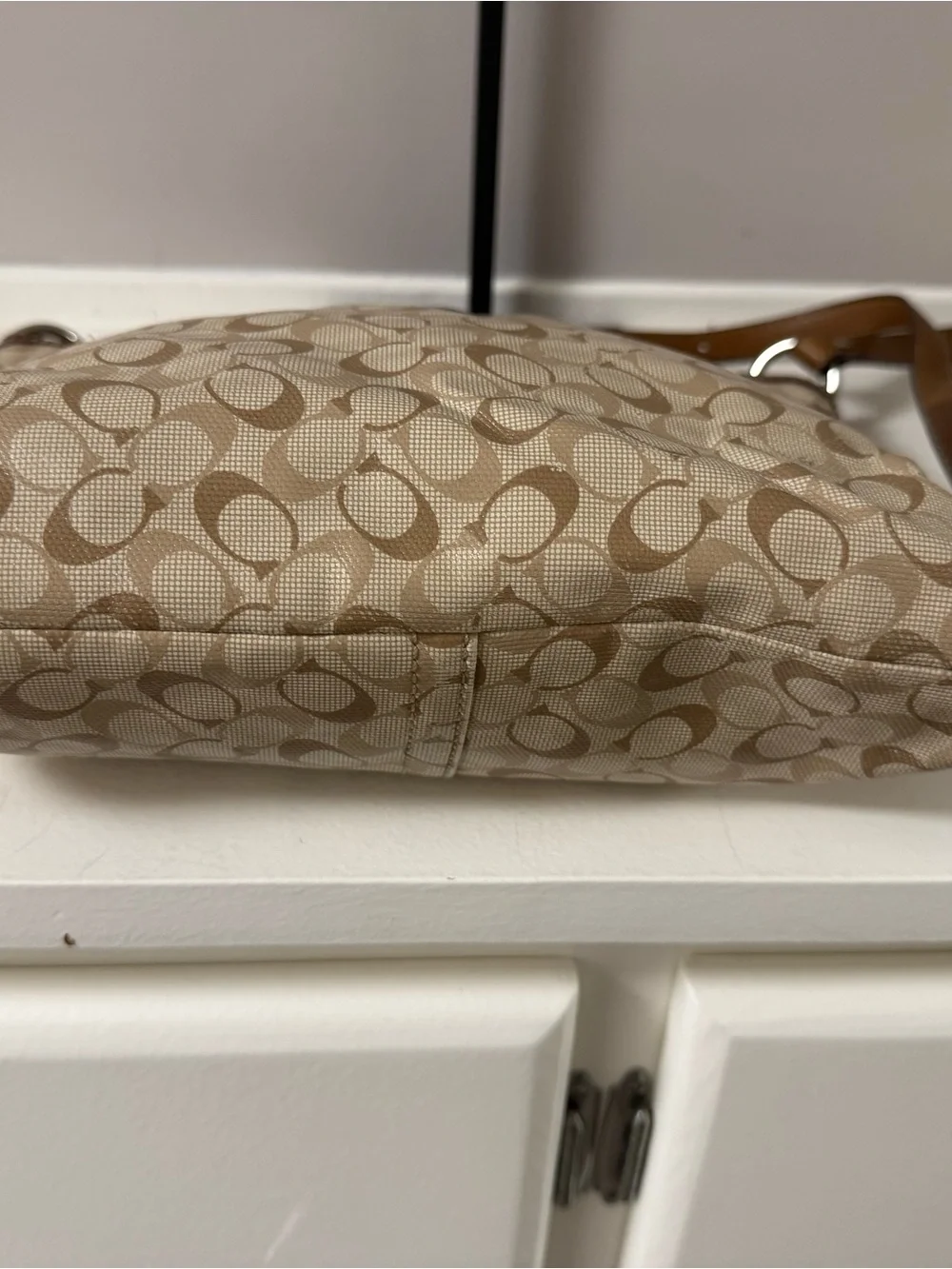 Coach Beige Signature Crossbody with Brown Leather Trim!